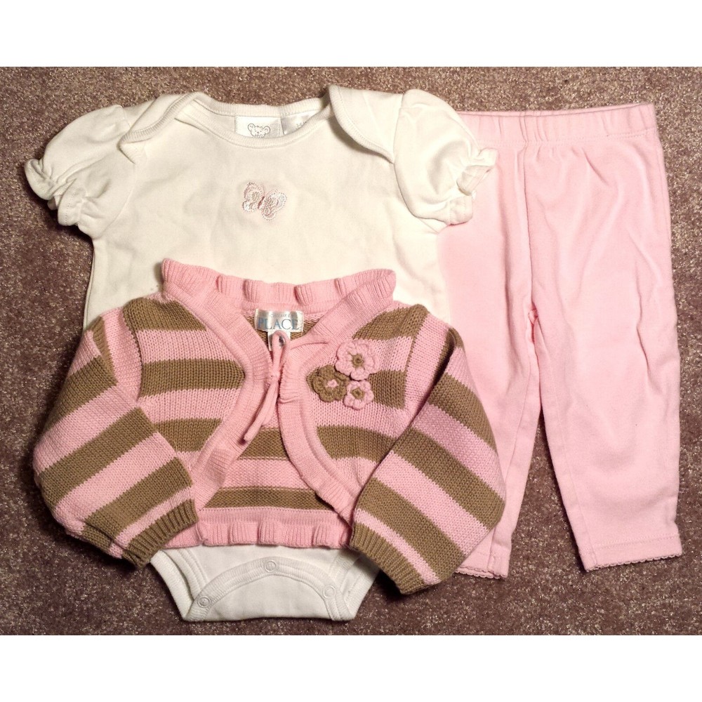 Girl's Size 3-6 M Months 3 Piece Pink/ Tan Stripe NWT Place Cardigan, Pants, Top